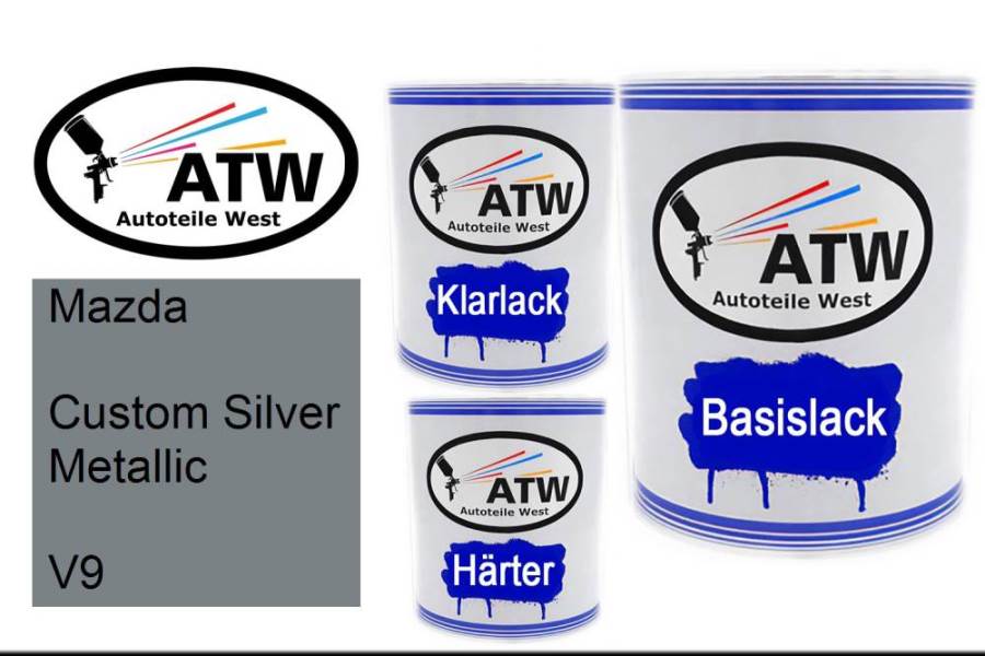 Mazda, Custom Silver Metallic, V9: 1L Lackdose + 1L Klarlack + 500ml Härter - Set, von ATW Autoteile West.